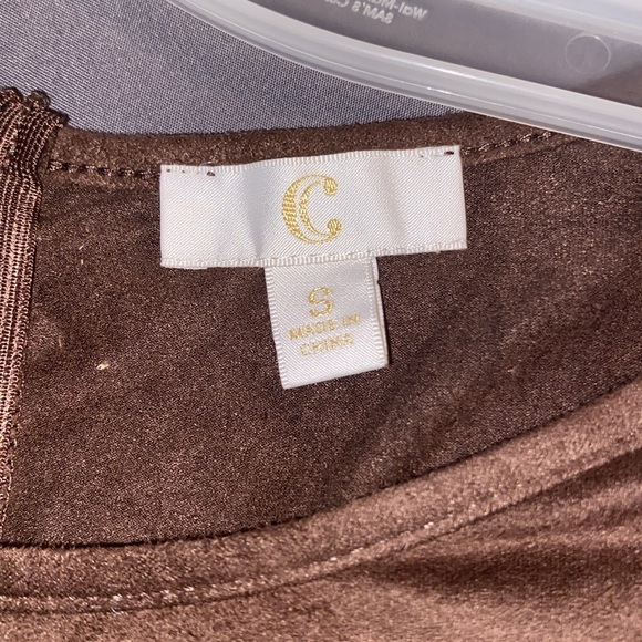 C brand Solid Brown Suede-Like Stretchy Short-Sleeved Dress with Flowery Trim - Picture 14 of 16